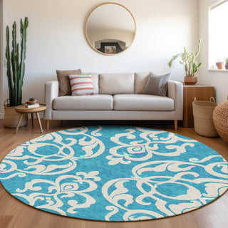 Piper Looms Mayfield Damask AMF973 Turquoise Machine Washable Area Rug Round Lifestyle Image Feature