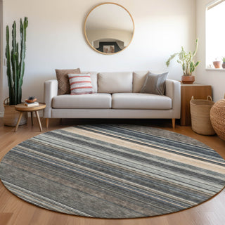 Piper Looms Mayfield Stripes AMF979 Taupe Machine Washable Area Rug Round Lifestyle Image Feature