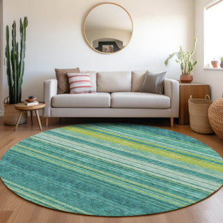 Piper Looms Mayfield Stripes AMF979 Teal Machine Washable Area Rug Round Lifestyle Image Feature