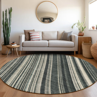 Piper Looms Mayfield Stripes AMF981 Black Machine Washable Area Rug Round Lifestyle Image Feature