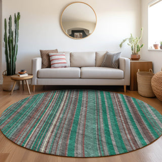 Piper Looms Mayfield Stripes AMF981 Emerald Machine Washable Area Rug Round Lifestyle Image Feature