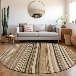 Piper Looms Mayfield Stripes AMF981 Taupe Machine Washable Area Rug Round Lifestyle Image Feature