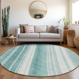 Piper Looms Mayfield Stripes AMF981 Teal Machine Washable Area Rug Round Lifestyle Image Feature