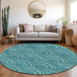 Piper Looms Mayfield Circles AMF984 Teal Machine Washable Area Rug Round Lifestyle Image Feature