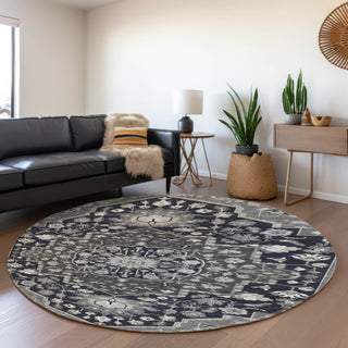 Piper Looms Mayfield Oriental AMF985 Black Machine Washable Area Rug Round Lifestyle Image Feature