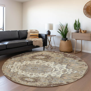 Piper Looms Mayfield Oriental AMF985 Chocolate Machine Washable Area Rug Round Lifestyle Image Feature