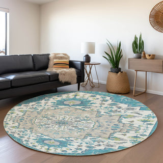 Piper Looms Mayfield Oriental AMF985 Teal Machine Washable Area Rug Round Lifestyle Image Feature