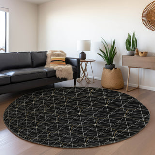 Piper Looms Mayfield Geometric AMF987 Black Machine Washable Area Rug Round Lifestyle Image Feature