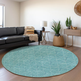 Piper Looms Mayfield Geometric AMF987 Teal Machine Washable Area Rug Round Lifestyle Image Feature