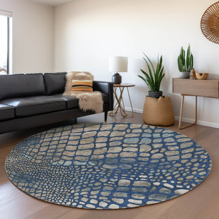 Piper Looms Mayfield Squares AMF988 Navy Machine Washable Area Rug Round Lifestyle Image Feature