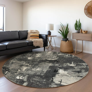 Piper Looms Mayfield Abstract AMF989 Black Machine Washable Area Rug Round Lifestyle Image Feature
