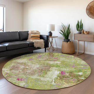 Piper Looms Mayfield Abstract AMF989 Lime Machine Washable Area Rug Round Lifestyle Image Feature
