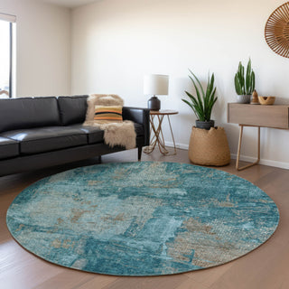 Piper Looms Mayfield Abstract AMF989 Teal Machine Washable Area Rug Round Lifestyle Image Feature