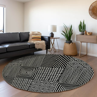 Piper Looms Mayfield Geometric AMF990 Black Machine Washable Area Rug Round Lifestyle Image Feature