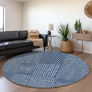 Piper Looms Mayfield Geometric AMF990 Navy Machine Washable Area Rug Round Lifestyle Image Feature