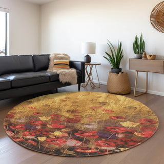 Piper Looms Mayfield Floral AMF992 Gold Machine Washable Area Rug Round Lifestyle Image Feature
