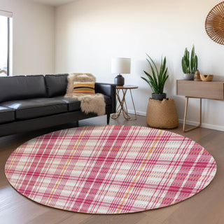 Piper Looms Mayfield Plaid AMF993 Blush Machine Washable Area Rug Round Lifestyle Image Feature