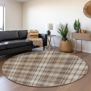 Piper Looms Mayfield Plaid AMF993 Brown Machine Washable Area Rug Round Lifestyle Image Feature