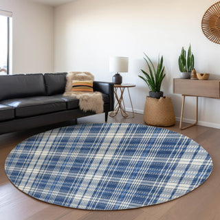 Piper Looms Mayfield Plaid AMF993 Navy Machine Washable Area Rug Round Lifestyle Image Feature