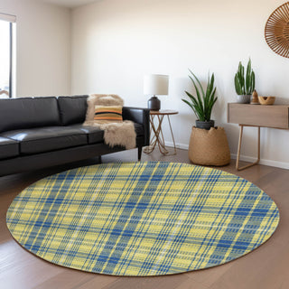 Piper Looms Mayfield Plaid AMF993 Yellow Machine Washable Area Rug Round Lifestyle Image Feature