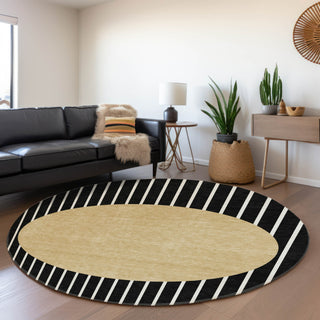 Piper Looms Mayfield Stripes AMF994 Black Machine Washable Area Rug Round Lifestyle Image Feature