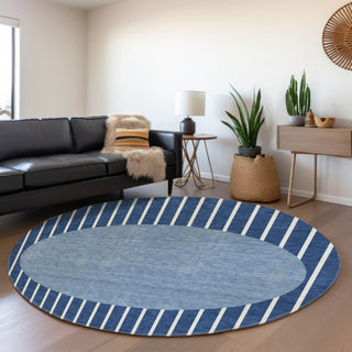 Piper Looms Mayfield Stripes AMF994 Navy Machine Washable Area Rug Round Lifestyle Image Feature