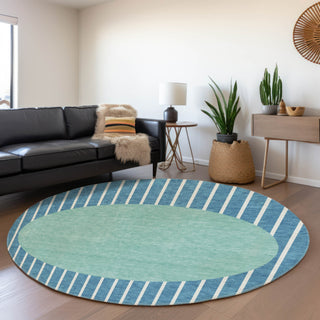 Piper Looms Mayfield Stripes AMF994 Teal Machine Washable Area Rug Round Lifestyle Image Feature