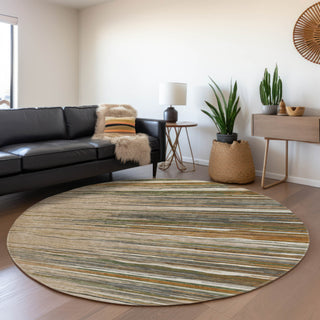Piper Looms Mayfield Stripes AMF996 Taupe Machine Washable Area Rug Round Lifestyle Image Feature