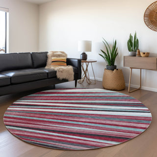 Piper Looms Mayfield Stripes AMF997 Burgundy Machine Washable Area Rug Round Lifestyle Image Feature