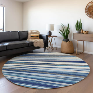 Piper Looms Mayfield Stripes AMF997 Navy Machine Washable Area Rug Round Lifestyle Image Feature