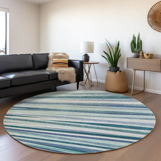 Piper Looms Mayfield Stripes AMF997 Teal Machine Washable Area Rug Round Lifestyle Image Feature