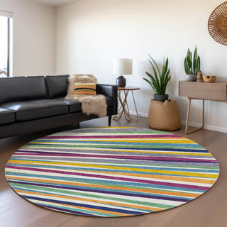 Piper Looms Mayfield Stripes AMF997 White Machine Washable Area Rug Round Lifestyle Image Feature