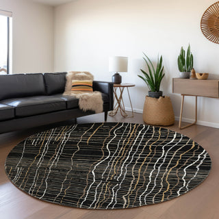 Piper Looms Mayfield Stripes AMF998 Black Machine Washable Area Rug Round Lifestyle Image Feature