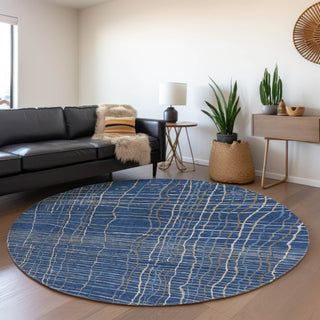 Piper Looms Mayfield Stripes AMF998 Navy Machine Washable Area Rug Round Lifestyle Image Feature