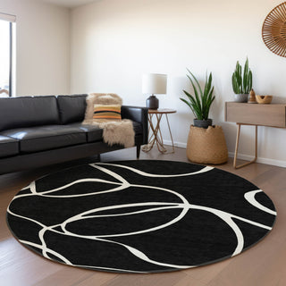 Piper Looms Mayfield Swirls AMF999 Black Machine Washable Area Rug Round Lifestyle Image Feature