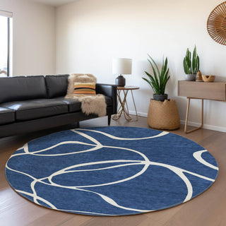 Piper Looms Mayfield Swirls AMF999 Navy Machine Washable Area Rug Round Lifestyle Image Feature