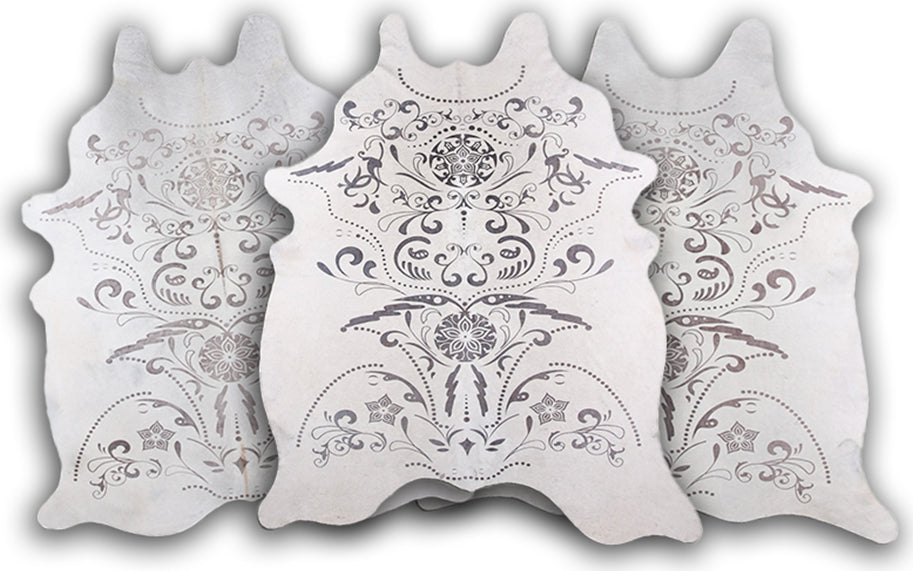Dekoland Printed Cowhides Baroque Grey on White Area Rug