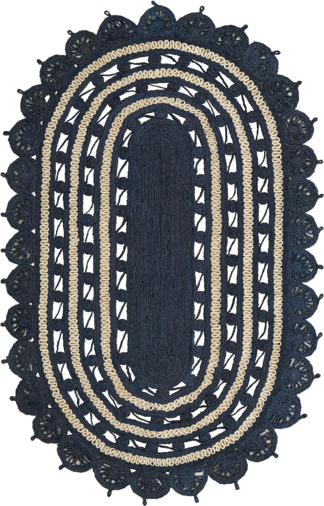 Unique Loom Braided Jute RET-NAT2 Navy Blue White Area Rug