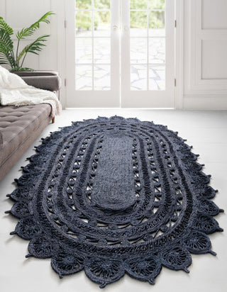 Unique Loom Braided Jute RET-NAT2 Navy Blue White Area Rug 5' 1'' X 5' 1'' Round Lifestyle Image Feature