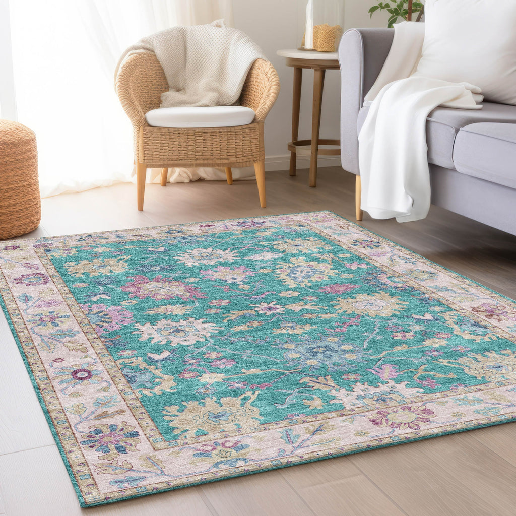 Dalyn Hatay HY7 Teal Machine Washable Area Rug Lifestyle Image Feature