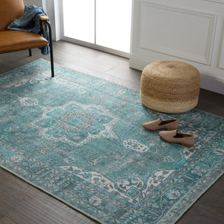 Jaipur Living Harman By Kate Lester Tamara HBL05 Teal/Green Machine Washable Area Rug Lifestyle Image Feature