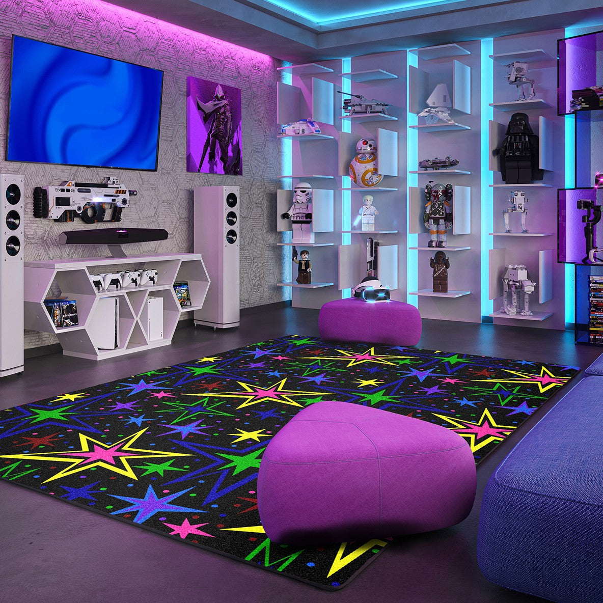 GGBOND Luminous Carpet Glow In The Dark Rainbow Stars Rugs, Short Plush