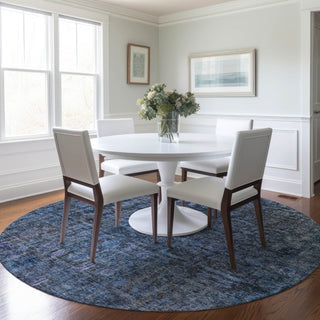 Dalyn Karaj KJ3 Blue Machine Washable Area Rug Round Lifestyle Image Feature