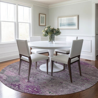 Dalyn Karaj KJ5 Purple Machine Washable Area Rug Round Lifestyle Image Feature