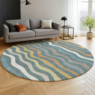 Dalyn Kenner KN4 Teal Area Rug Round Lifestyle Image Feature