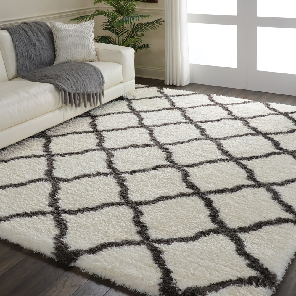 Nourison Luxe Shag LXS02 Ivory/Charcoal Area Rug Room Image Feature