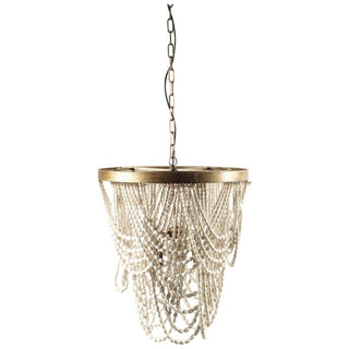 Pendra Gold Metal Whitewashed Wooden Bead Three Bulb Chandelier Main Image