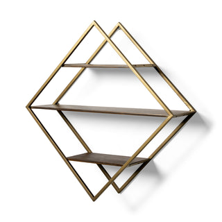 Neil I Diamond Shape Wall Mounted Brass Frame w Three Wood Wall Shelves Main Image