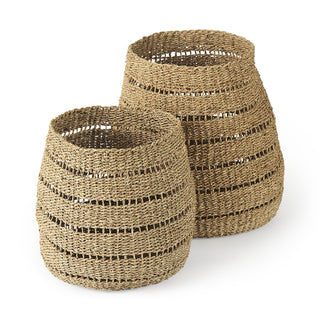 Hayes Medium Brown Seagrass Round Basket with Stripe Pattern Main Image