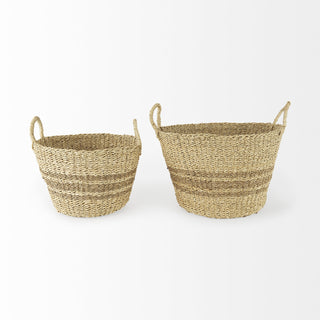 Vance Light Brown Palm Leaf and Seagrass Round Basket W/ Handles Alternative Image